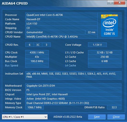 41 quad core intel core i5 4670K aida 64