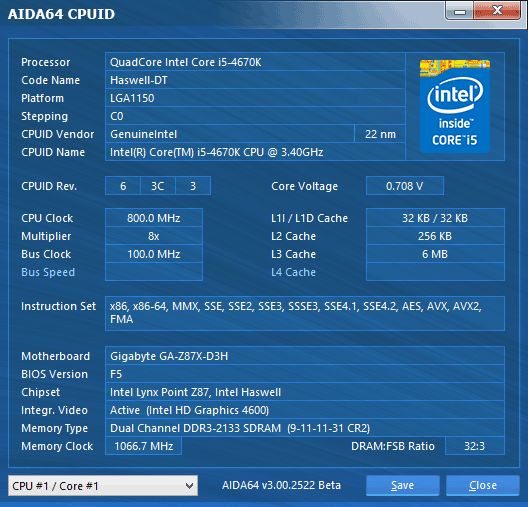 42 quad core intel core i5 4670K aida 64