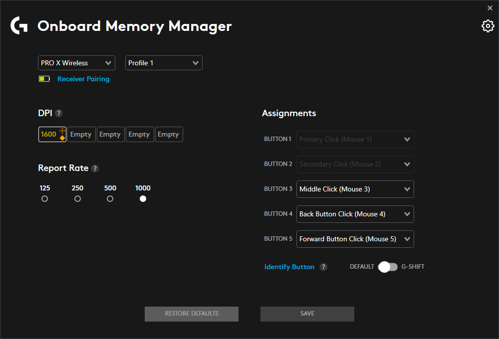 logitech g pro x mouse settings manager