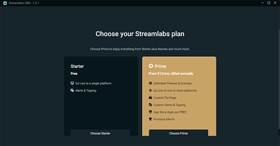 streamlabs choose plan window