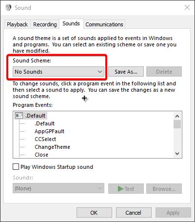 sound tab disable all windows sound schemes