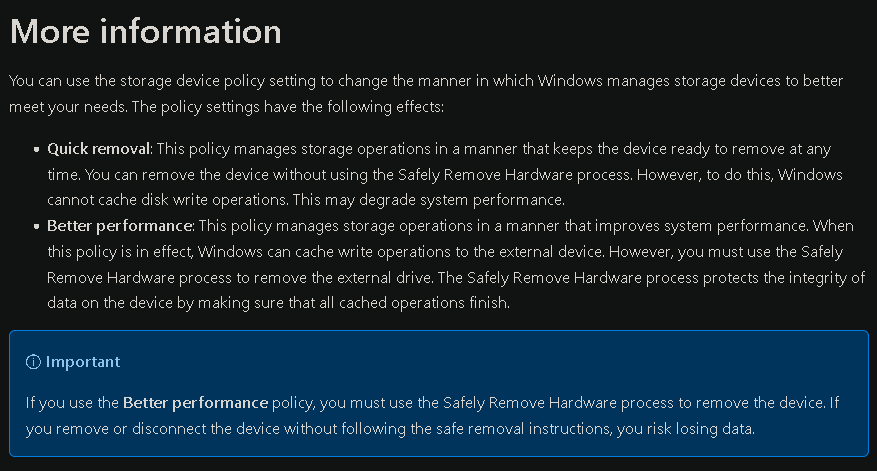 windows quick removal policy