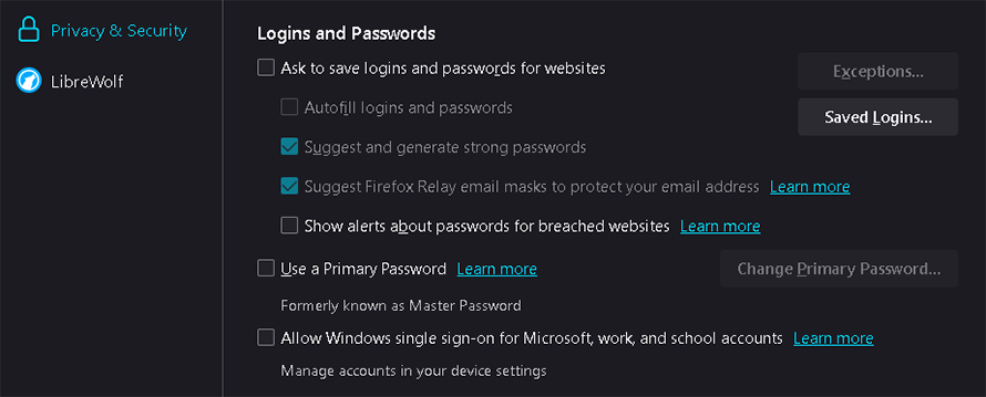 librewolf login and passwords
